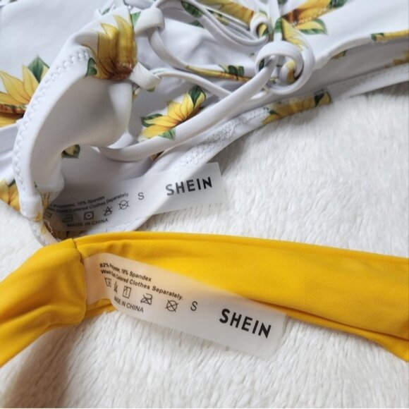 NWOT Shein White & Yellow Sunflower Lace Up Back Thong Bikini SMALL - Picture 3 of 4